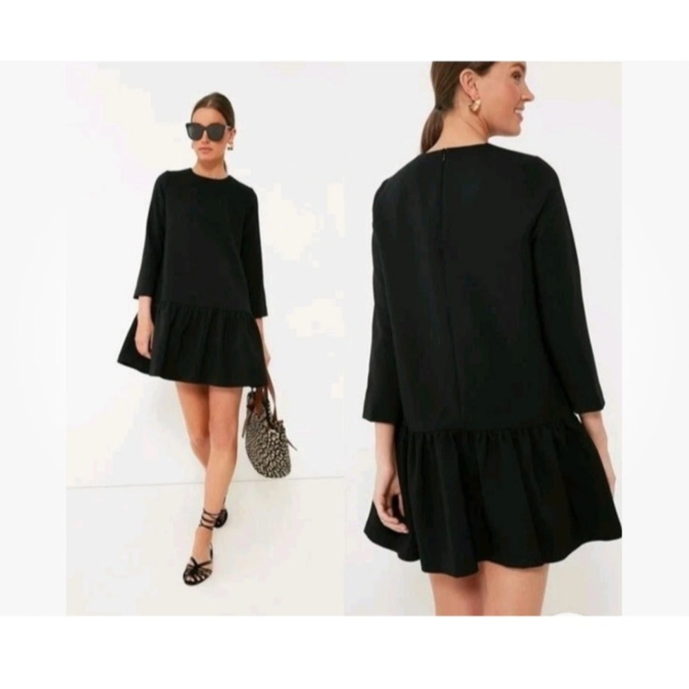 Tuckernuck Drop Waist Mini Dress L Black Flounce Hem 3/4 Sleeve Party Cocktail
